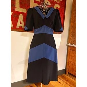 Stop Staring Retro Vintage 40’s Chevron Collared Black & Blue Dress - LARGE